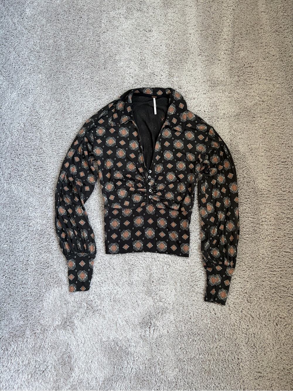 Free People Black Printed Long Sleeve Ruched Button top